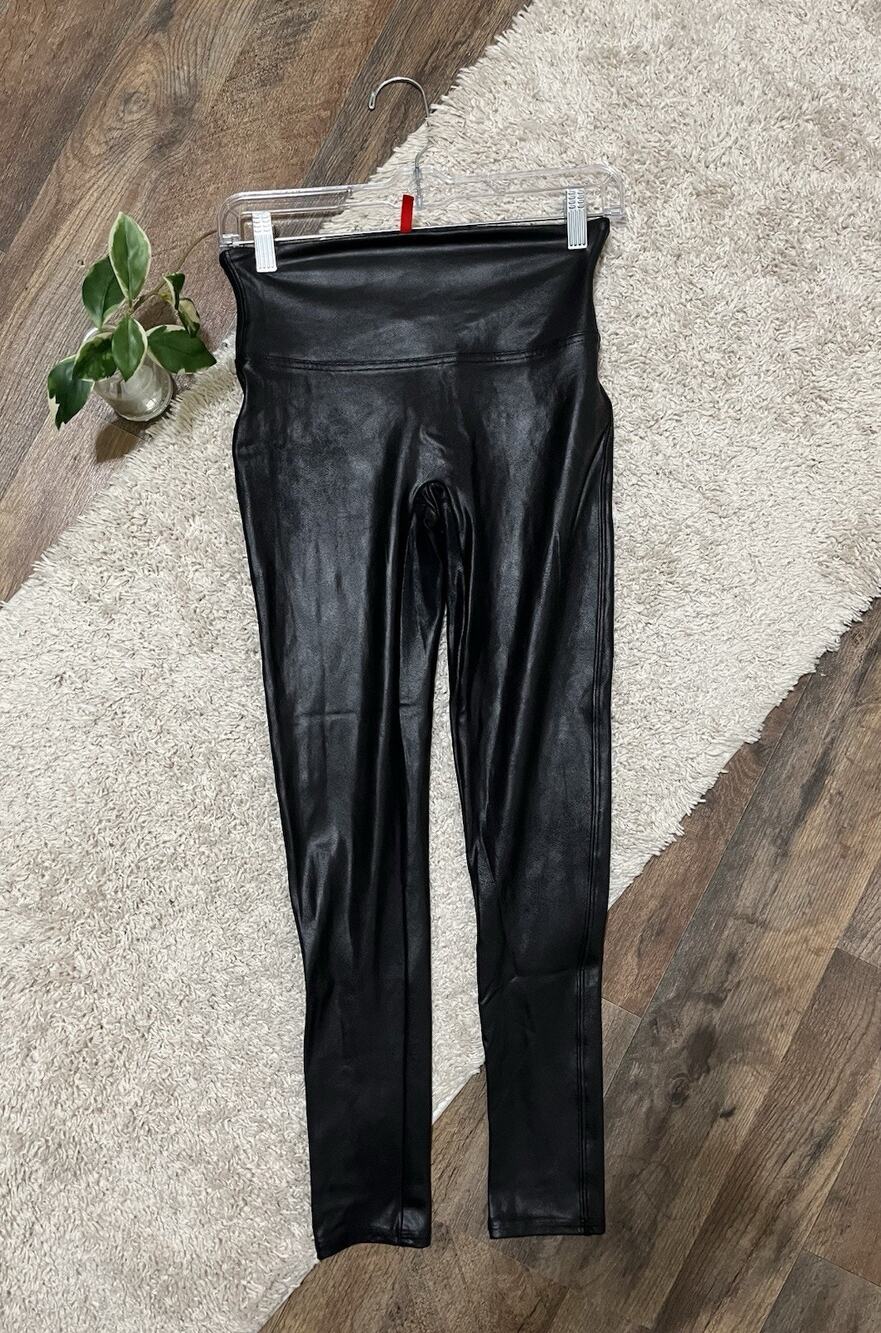 Spanx Size Medium Black Faux Leather Coated High Waisted Shapewear Leggings